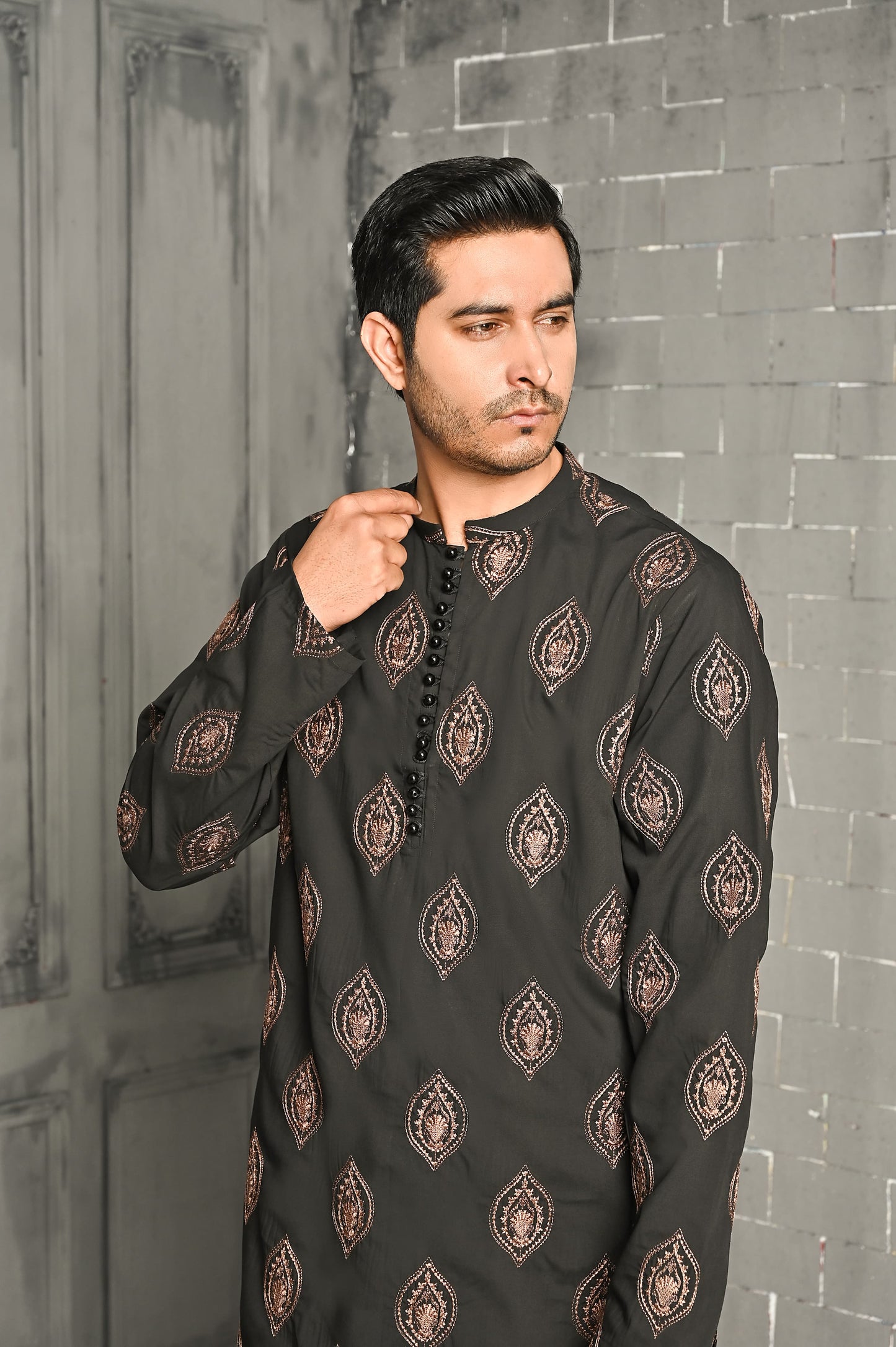 Black with Copper Motifs Embroidered Kurta Trouser