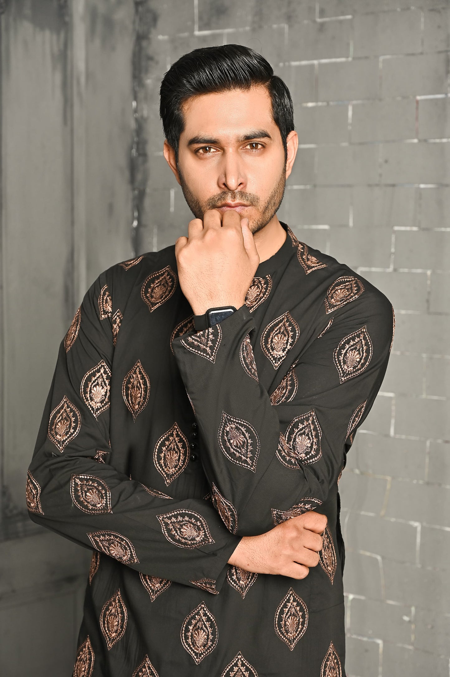 Black with Copper Motifs Embroidered Kurta Trouser