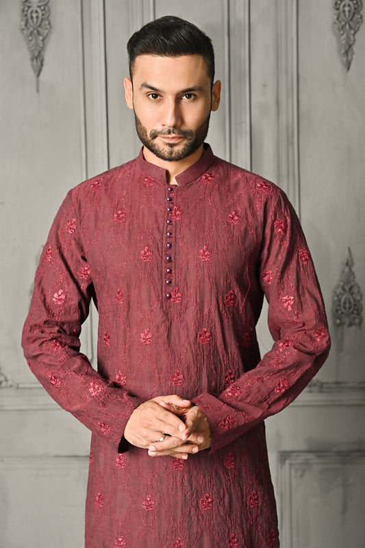Rose Red Embroidered Kurta Trouser